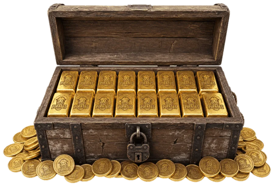 Le coffre au trésor des Pirates, lingots et pièces d'or frappés du logo du club